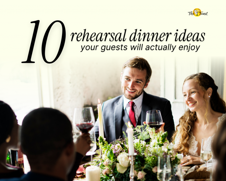 rehearsal dinner ideas - Couple smiling at table with guests during intimate rehearsal dinner, candles, wine, and floral setup creating warm celebration