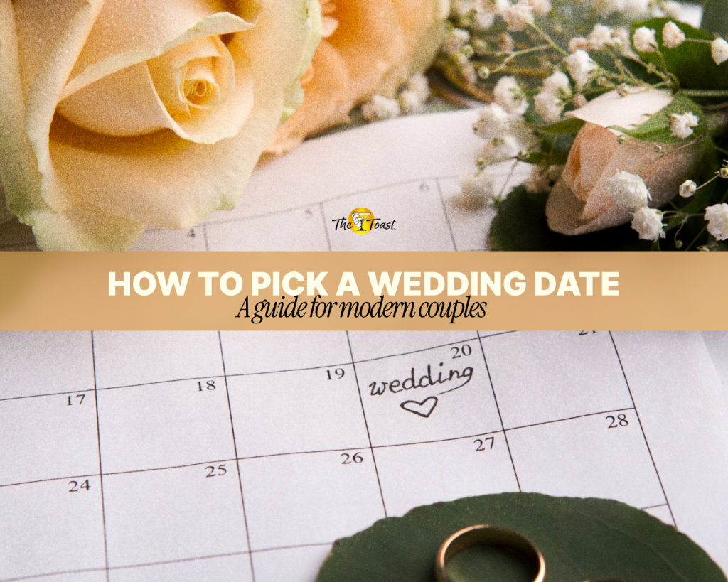 how to pick a wedding date - wedding rings and flowers on calendar marked with wedding date