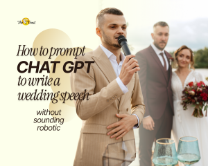 ai for wedding speech - Best man giving speech with microphone at wedding ceremony while couple stands smiling, capturing modern toast moment