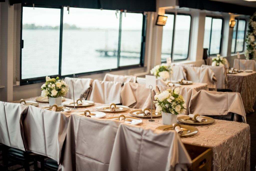 A view of decorated restaurant interior for wedding