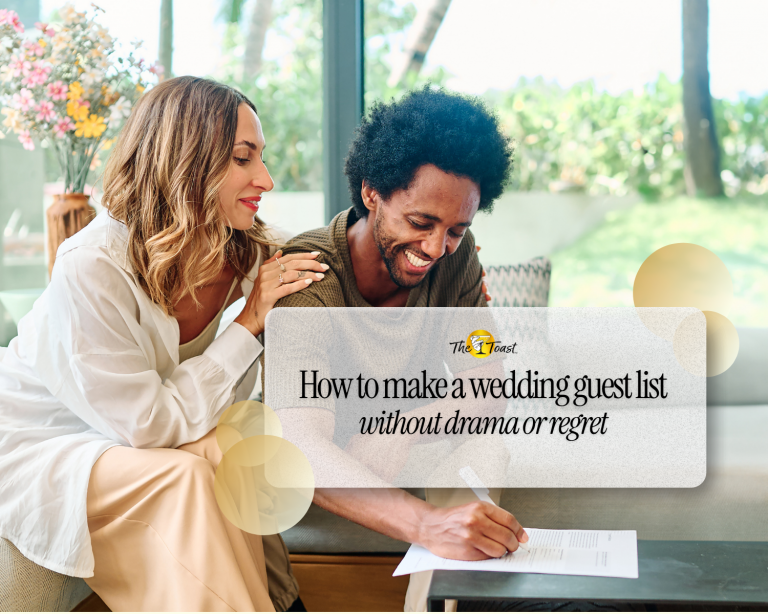 how to make a wedding guest list - Couple sitting together reviewing and writing their wedding guest list at home, planning invitations and priorities