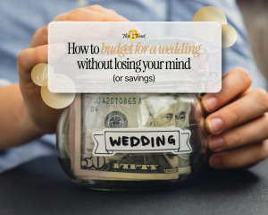 how to budget for a wedding - Close up of hands holding a jar labeled wedding filled with cash, representing saving and budgeting for wedding expenses