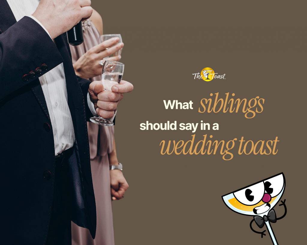sibling wedding toast - Person holding microphone and champagne giving speech at wedding reception, capturing sibling toast moment with guests nearby