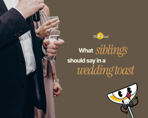sibling wedding toast - Person holding microphone and champagne giving speech at wedding reception, capturing sibling toast moment with guests nearby