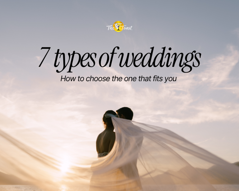 types of weddings - Bride and groom embracing by the sea at sunset with flowing veil, capturing romantic outdoor wedding style and scenic setting