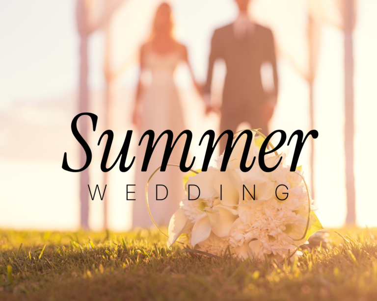 Summer wedding – bridal bouquet on grass with couple holding hands at golden hour ceremony