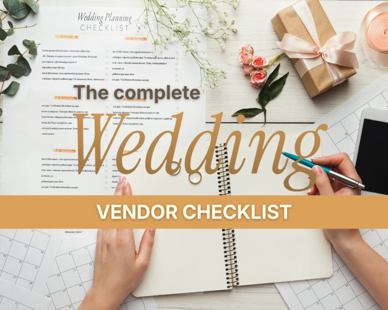 Wedding vendor checklist – hands writing in a planner beside wedding rings, a planning checklist, and a calendar on a white desk