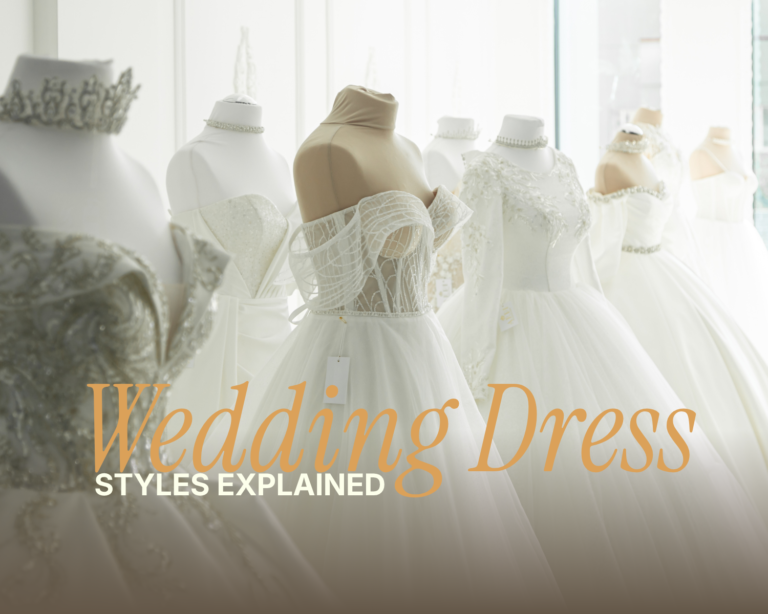 Wedding dress styles – row of white bridal gowns on mannequins displayed in a bright boutique
