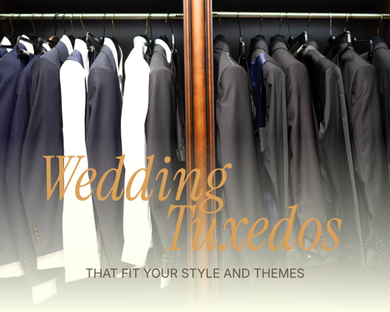 Wedding tuxedos – row of navy, black, grey, and white suit jackets hanging in a formal menswear wardrobe