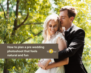 pre-wedding-photoshoot - bride and groom embracing outdoors in front of green trees, groom kissing her forehead