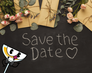 wedding-save-the-dates - kraft envelopes with pink roses and eucalyptus above "save the date" chalkboard text