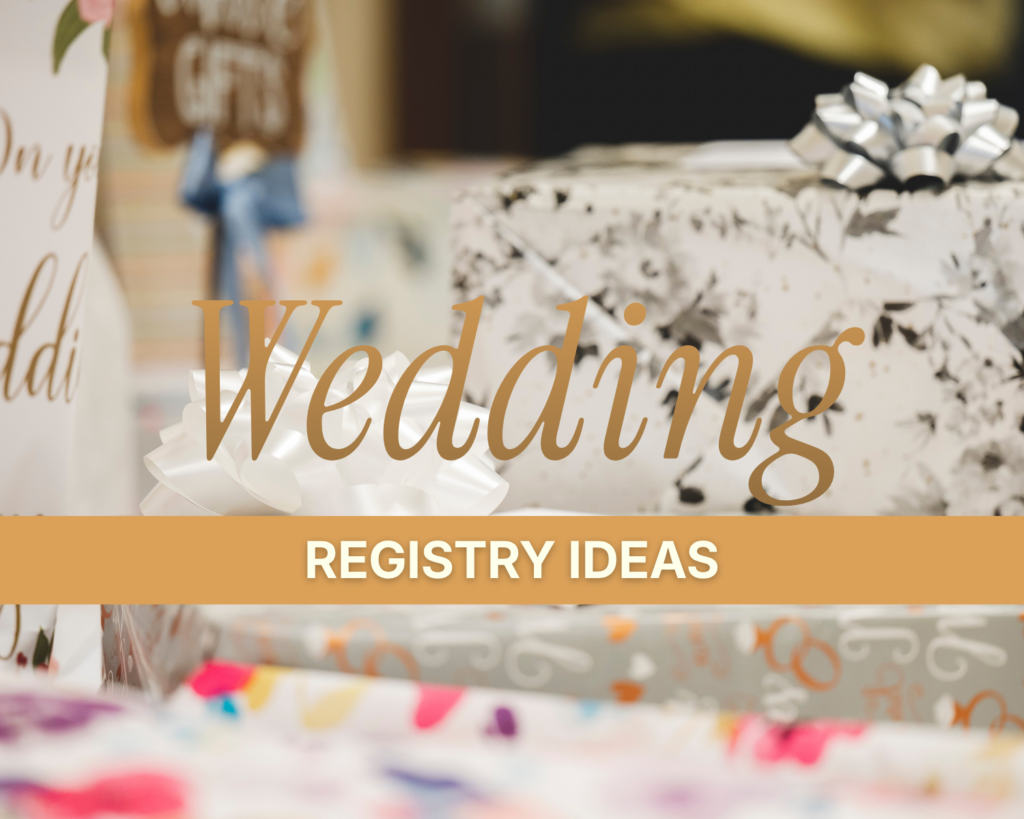 wedding-registry-ideas - wrapped wedding gifts with white bows, a card, and "on your wedding day" gift bag