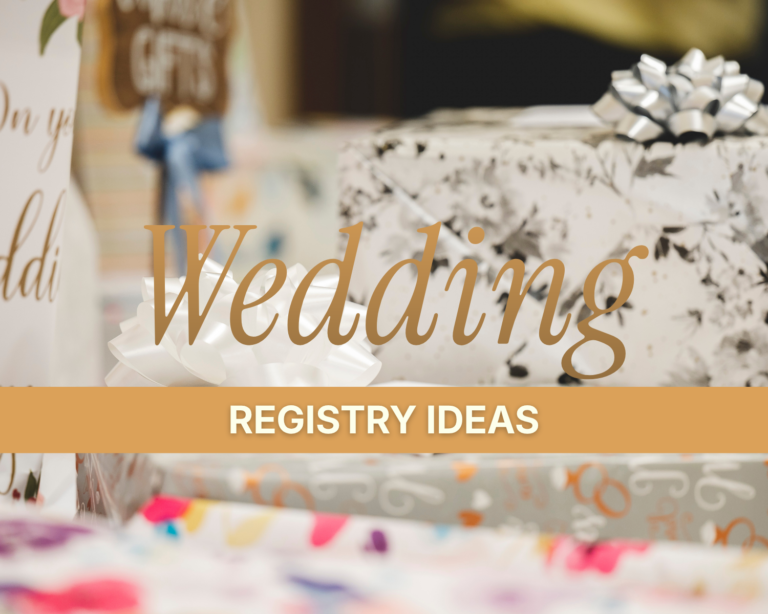 wedding-registry-ideas - wrapped wedding gifts with white bows, a card, and "on your wedding day" gift bag