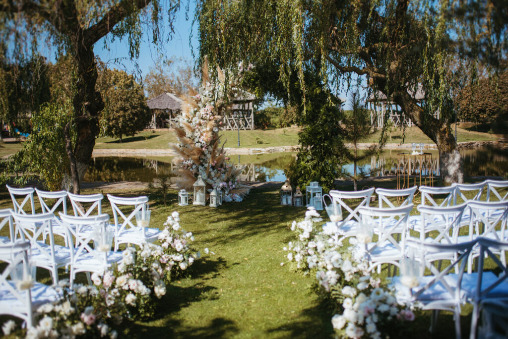 wedding ceremony area with dried flowers in a meadow in a pine brown forest