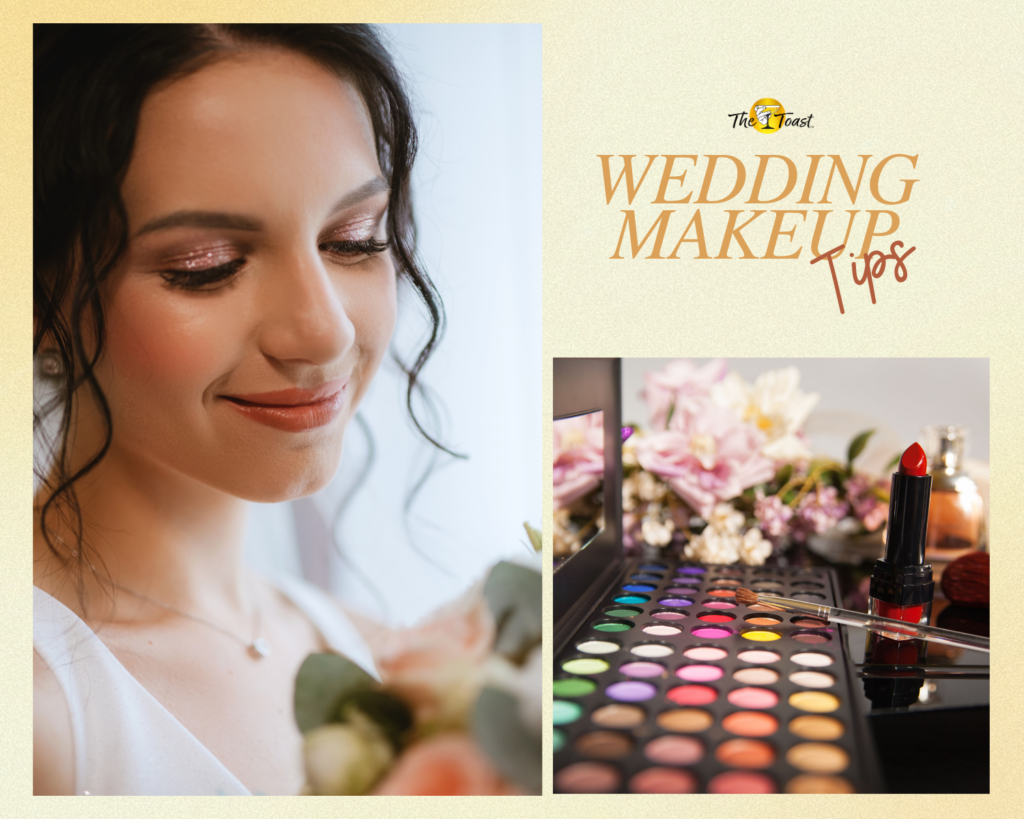 wedding-makeup - close-up of bride smiling with glittery eye makeup, veil, and bouquet near a window