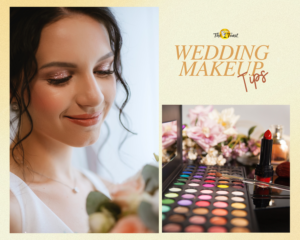 wedding-makeup - close-up of bride smiling with glittery eye makeup, veil, and bouquet near a window