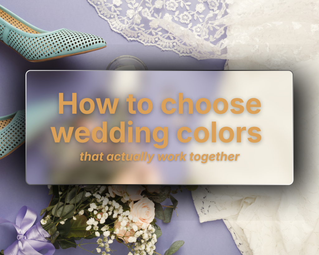 wedding-color-schemes - blue heels, lace dress, pearl earrings, and pink flowers on a purple background