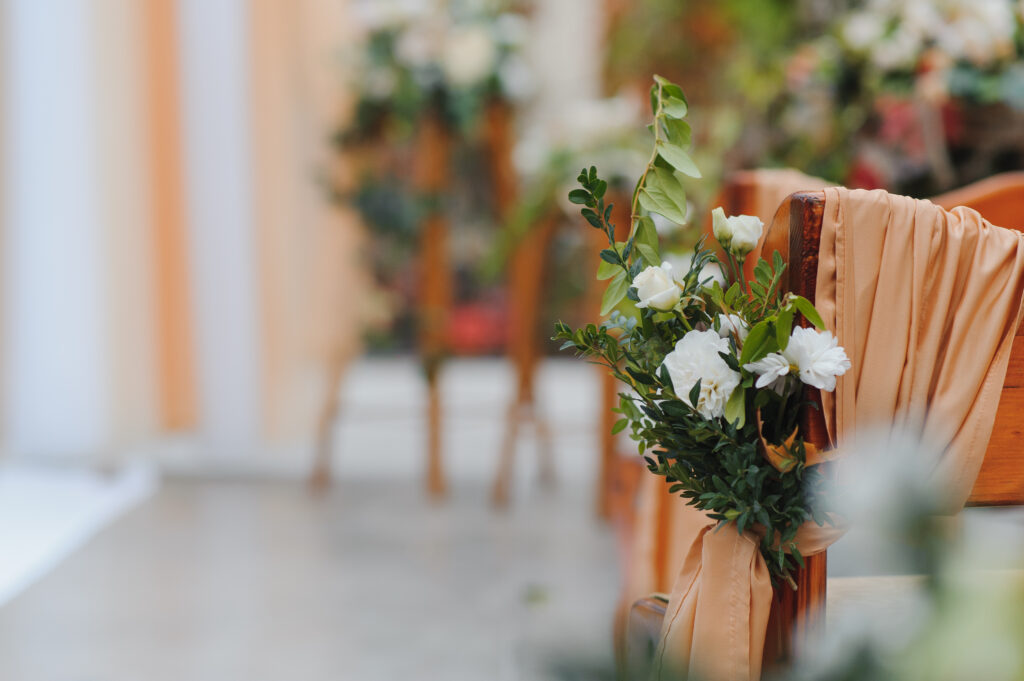 flowers decorations during outdoor wedding ceremony